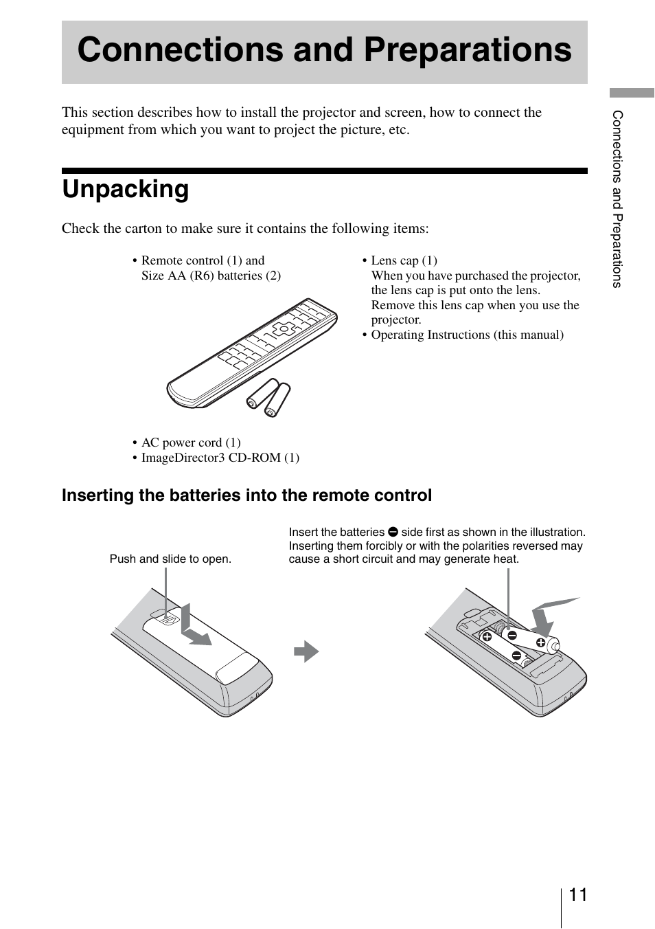 Connections and preparations, Unpacking | Sony VPL-5400ES User Manual | Page 11 / 80