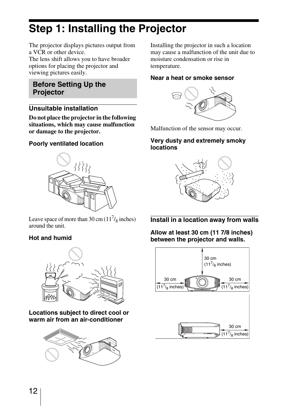 Step 1: installing the projector, Before setting up the projector, Unsuitable installation | Install in a location away from walls | Sony VPL-5400ES User Manual | Page 12 / 80