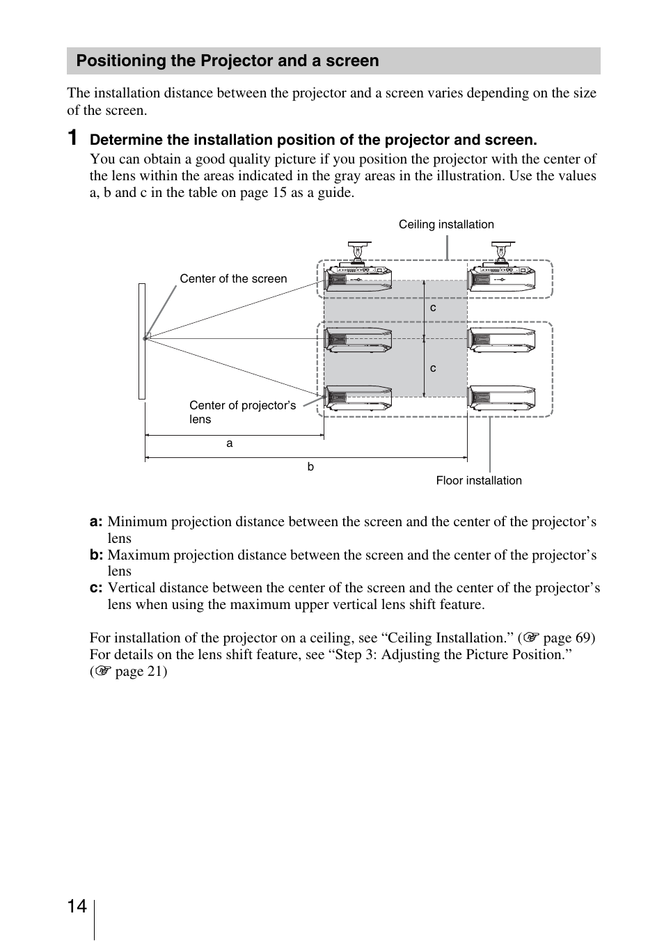 Positioning the projector and a screen | Sony VPL-5400ES User Manual | Page 14 / 80