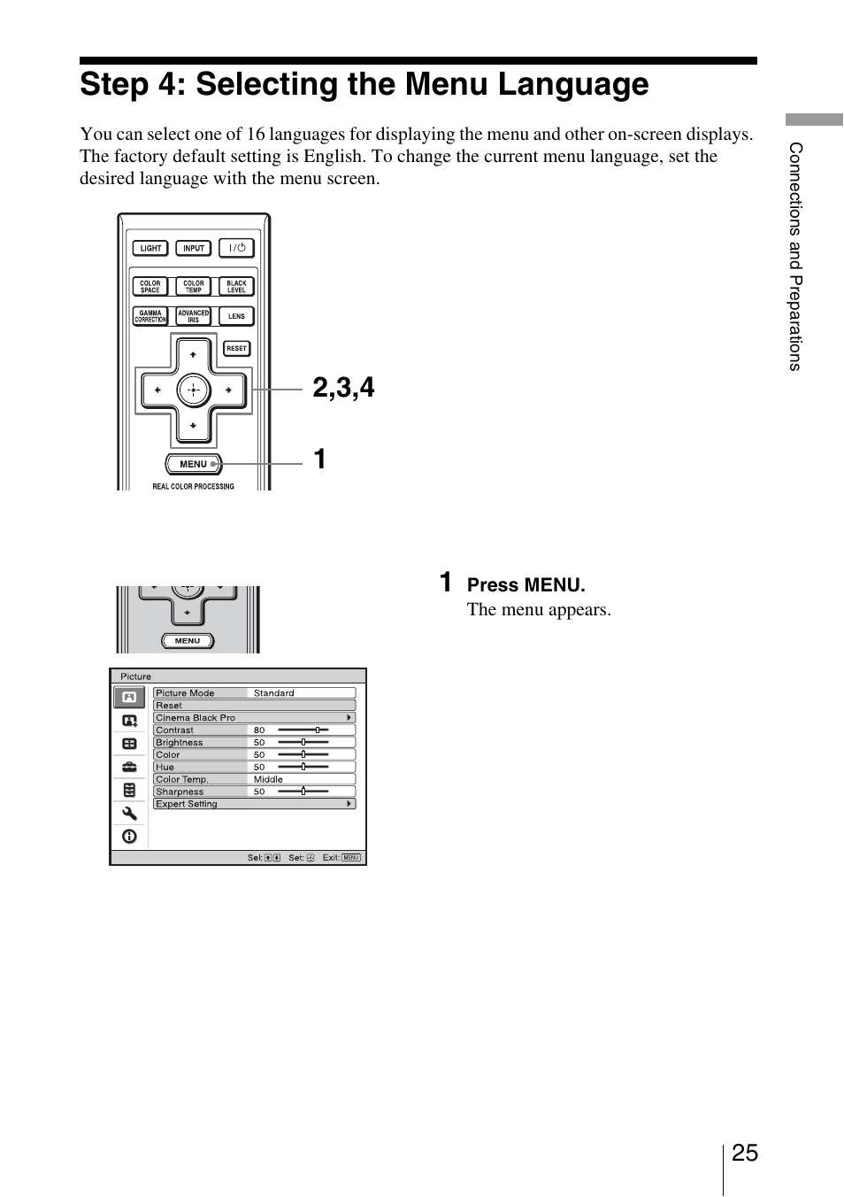 Step 4: selecting the menu language | Sony VPL-5400ES User Manual | Page 25 / 80