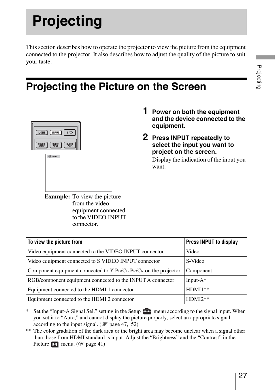 Projecting, Projecting the picture on the screen, Ange | Sony VPL-5400ES User Manual | Page 27 / 80