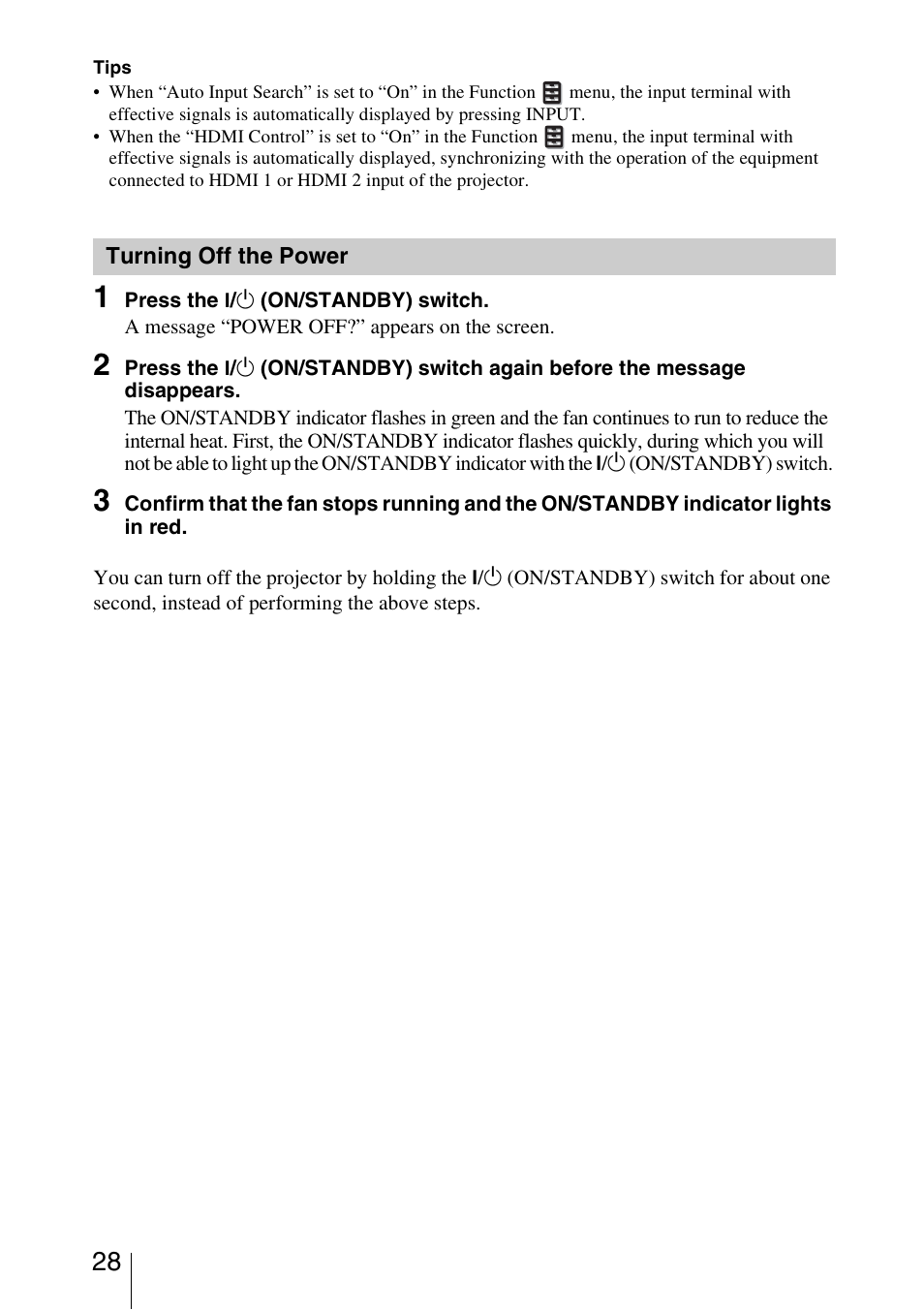 Turning off the power | Sony VPL-5400ES User Manual | Page 28 / 80