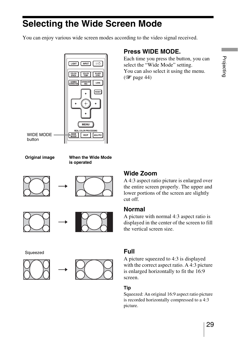 Selecting the wide screen mode | Sony VPL-5400ES User Manual | Page 29 / 80