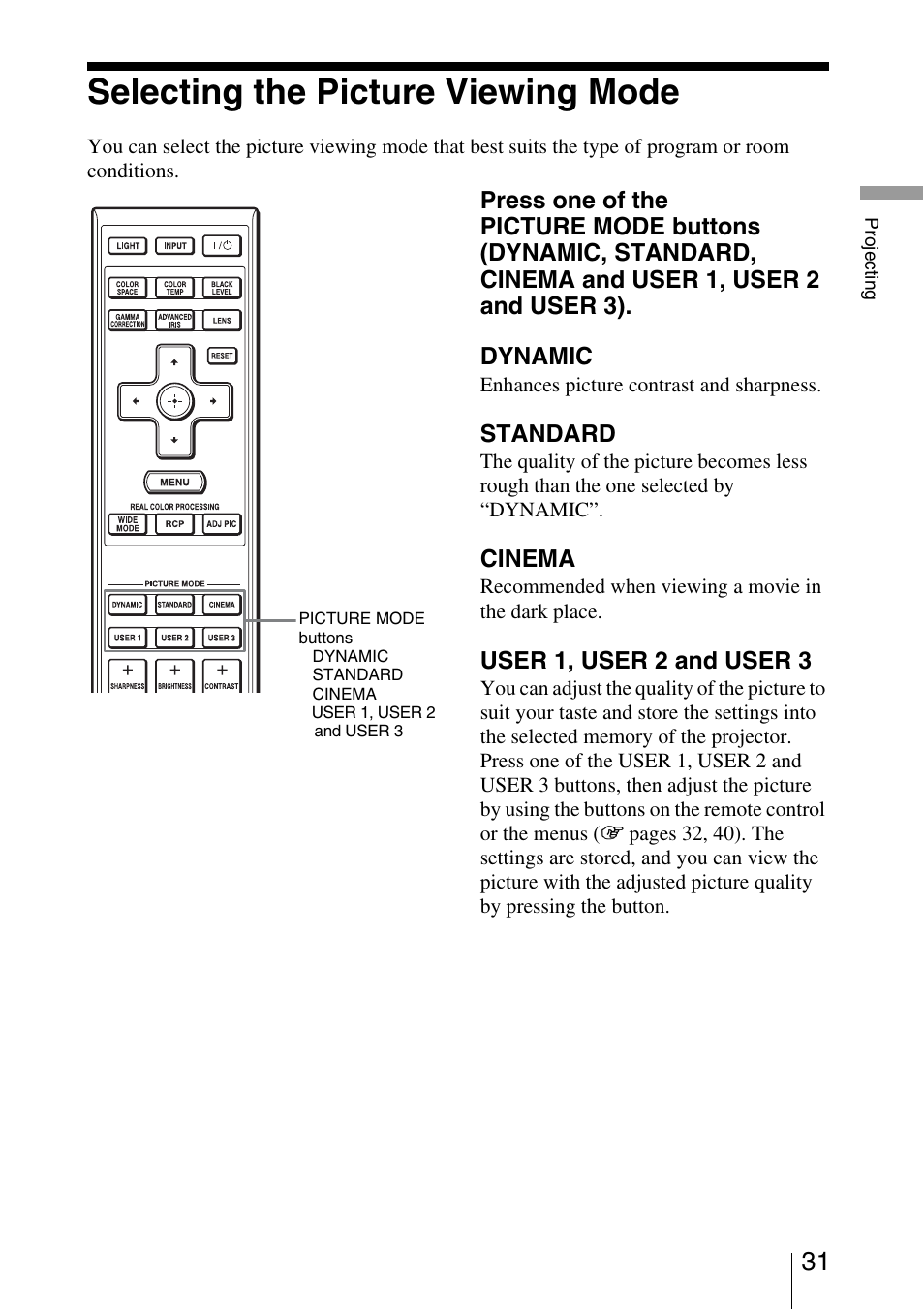 Selecting the picture viewing mode | Sony VPL-5400ES User Manual | Page 31 / 80