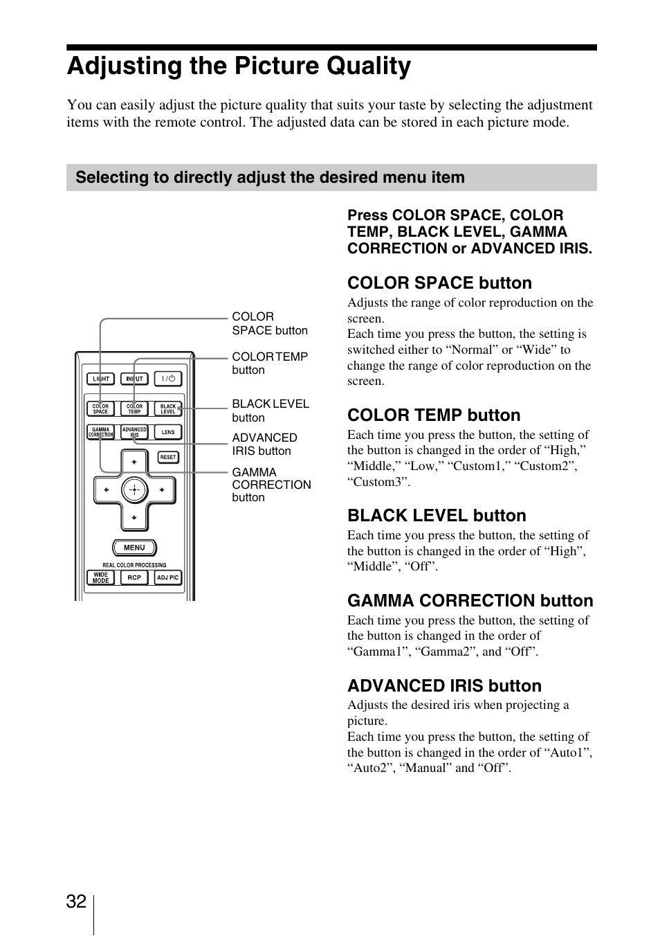 Adjusting the picture quality, Selecting to directly adjust the desired menu item | Sony VPL-5400ES User Manual | Page 32 / 80