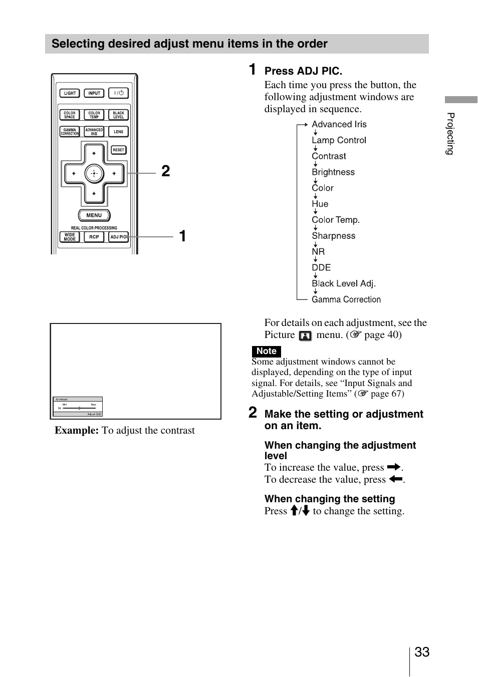 Selecting desired adjust menu items in the order | Sony VPL-5400ES User Manual | Page 33 / 80