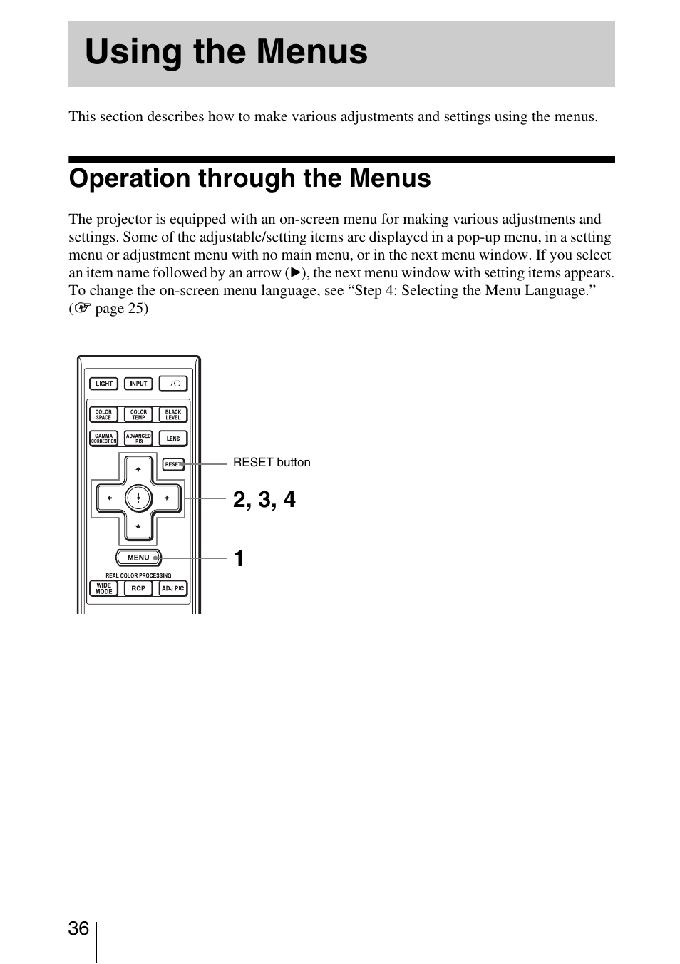 Using the menus, Operation through the menus | Sony VPL-5400ES User Manual | Page 36 / 80