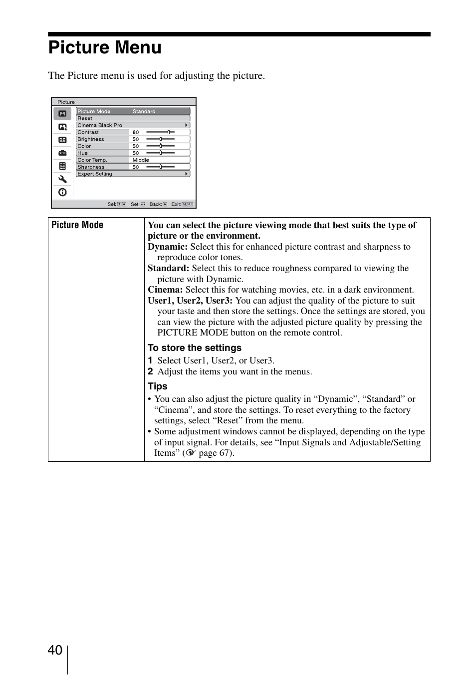 Picture menu, Menu | Sony VPL-5400ES User Manual | Page 40 / 80