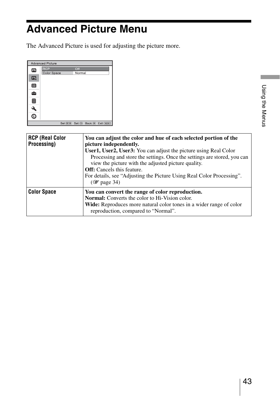 Advanced picture menu | Sony VPL-5400ES User Manual | Page 43 / 80