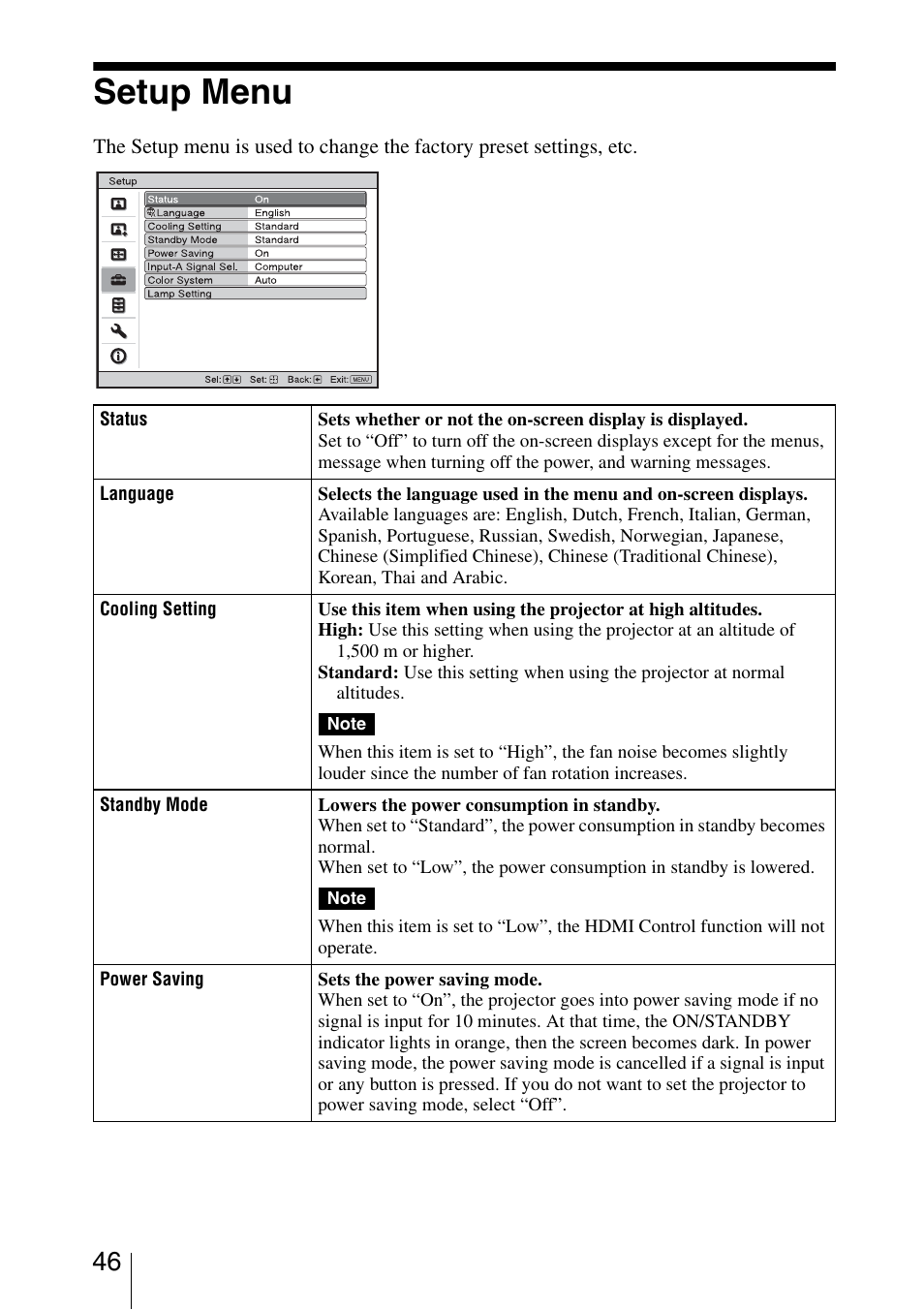 Setup menu | Sony VPL-5400ES User Manual | Page 46 / 80