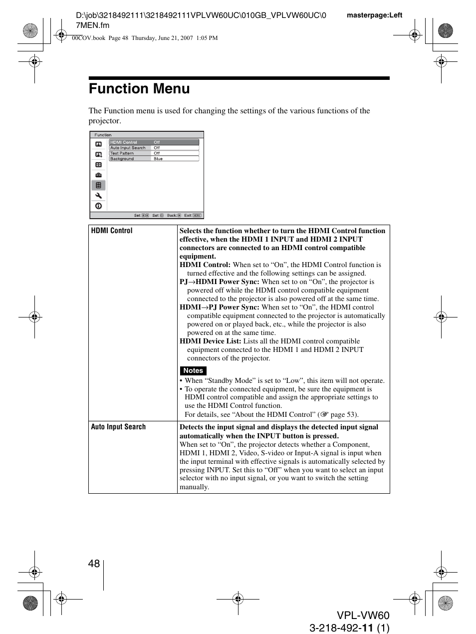 Function menu | Sony VPL-5400ES User Manual | Page 48 / 80