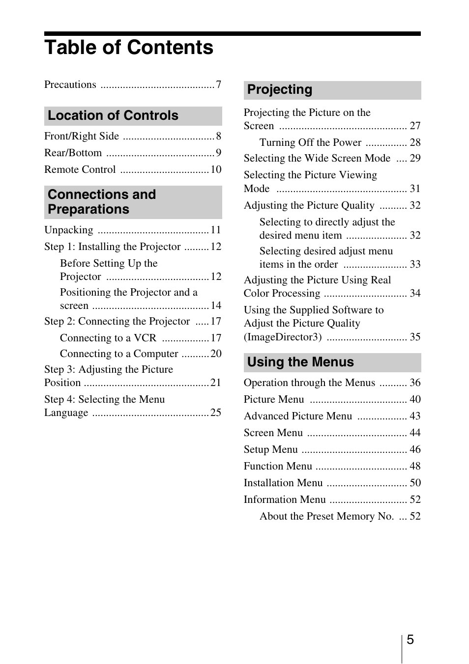 Sony VPL-5400ES User Manual | Page 5 / 80