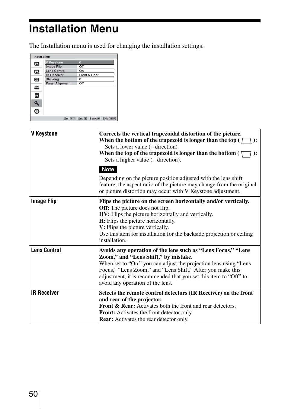 Installation menu, And the focus | Sony VPL-5400ES User Manual | Page 50 / 80