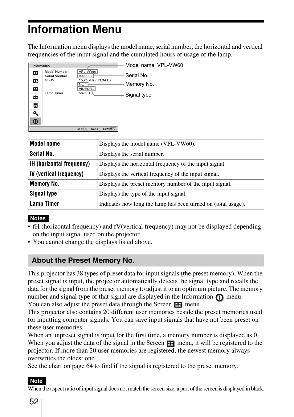 Information menu, About the preset memory no | Sony VPL-5400ES User Manual | Page 52 / 80