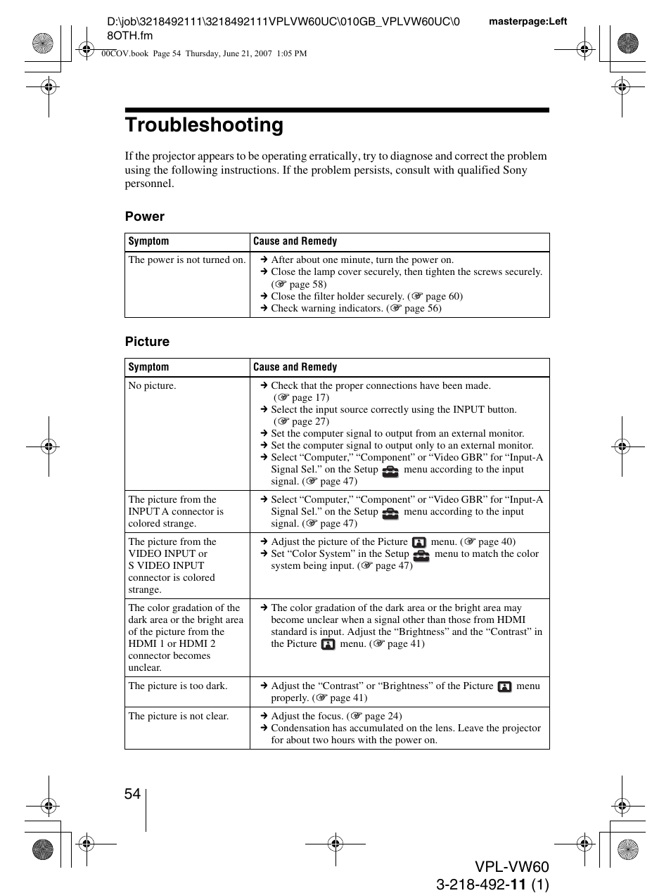 Troubleshooting | Sony VPL-5400ES User Manual | Page 54 / 80