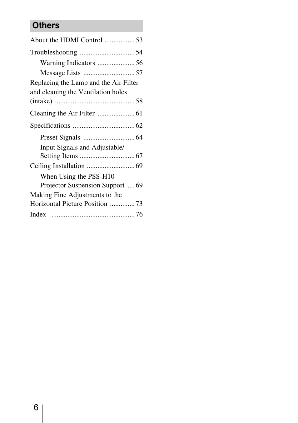 Others | Sony VPL-5400ES User Manual | Page 6 / 80