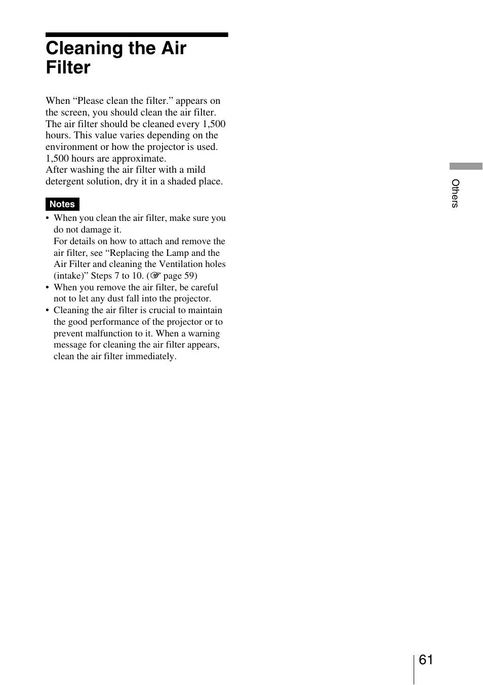 Cleaning the air filter | Sony VPL-5400ES User Manual | Page 61 / 80