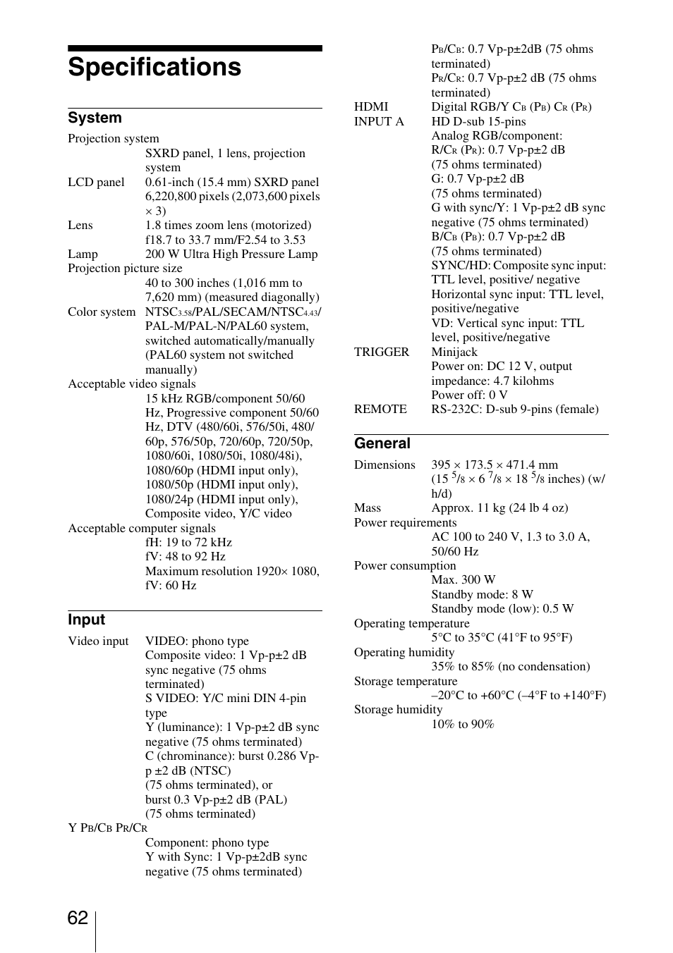 Specifications, System, Input | General | Sony VPL-5400ES User Manual | Page 62 / 80