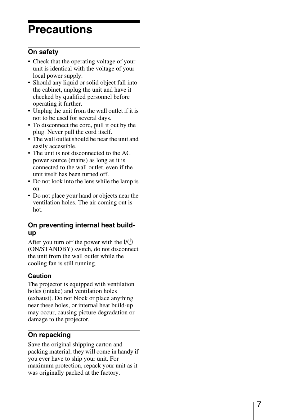 Precautions | Sony VPL-5400ES User Manual | Page 7 / 80