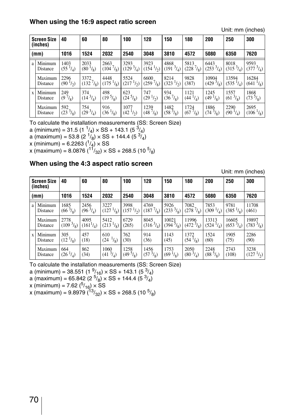 When using the 16:9 aspect ratio screen, When using the 4:3 aspect ratio screen | Sony VPL-5400ES User Manual | Page 70 / 80