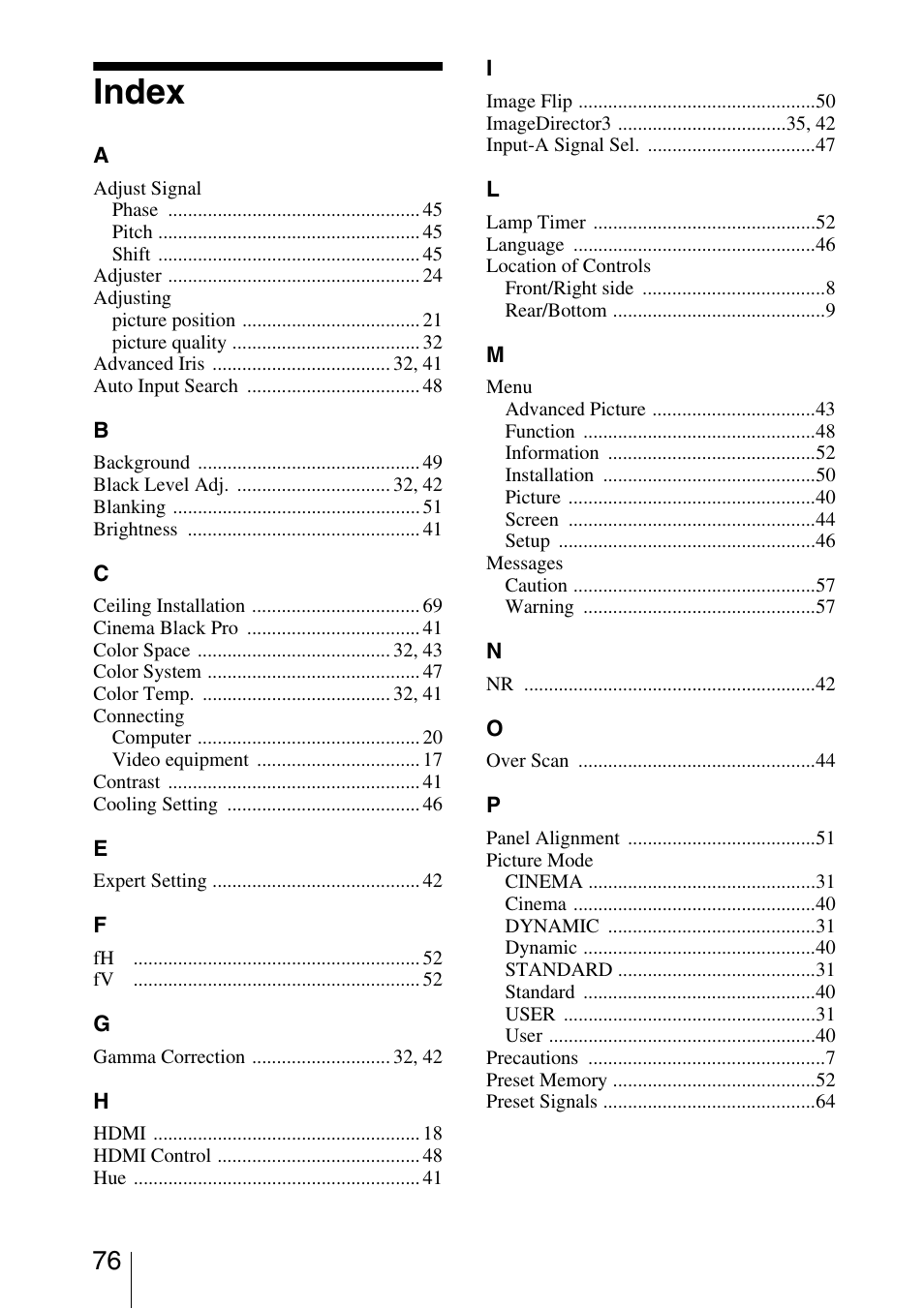 Index | Sony VPL-5400ES User Manual | Page 76 / 80