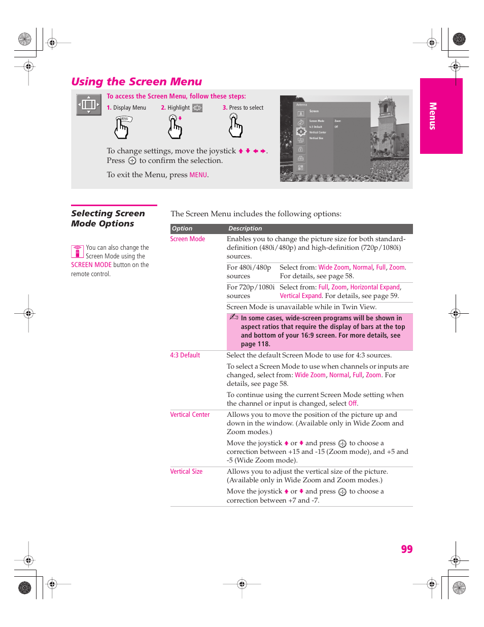 Using the screen menu, Selecting screen mode options | Sony KD-34XBR960N User Manual | Page 100 / 127