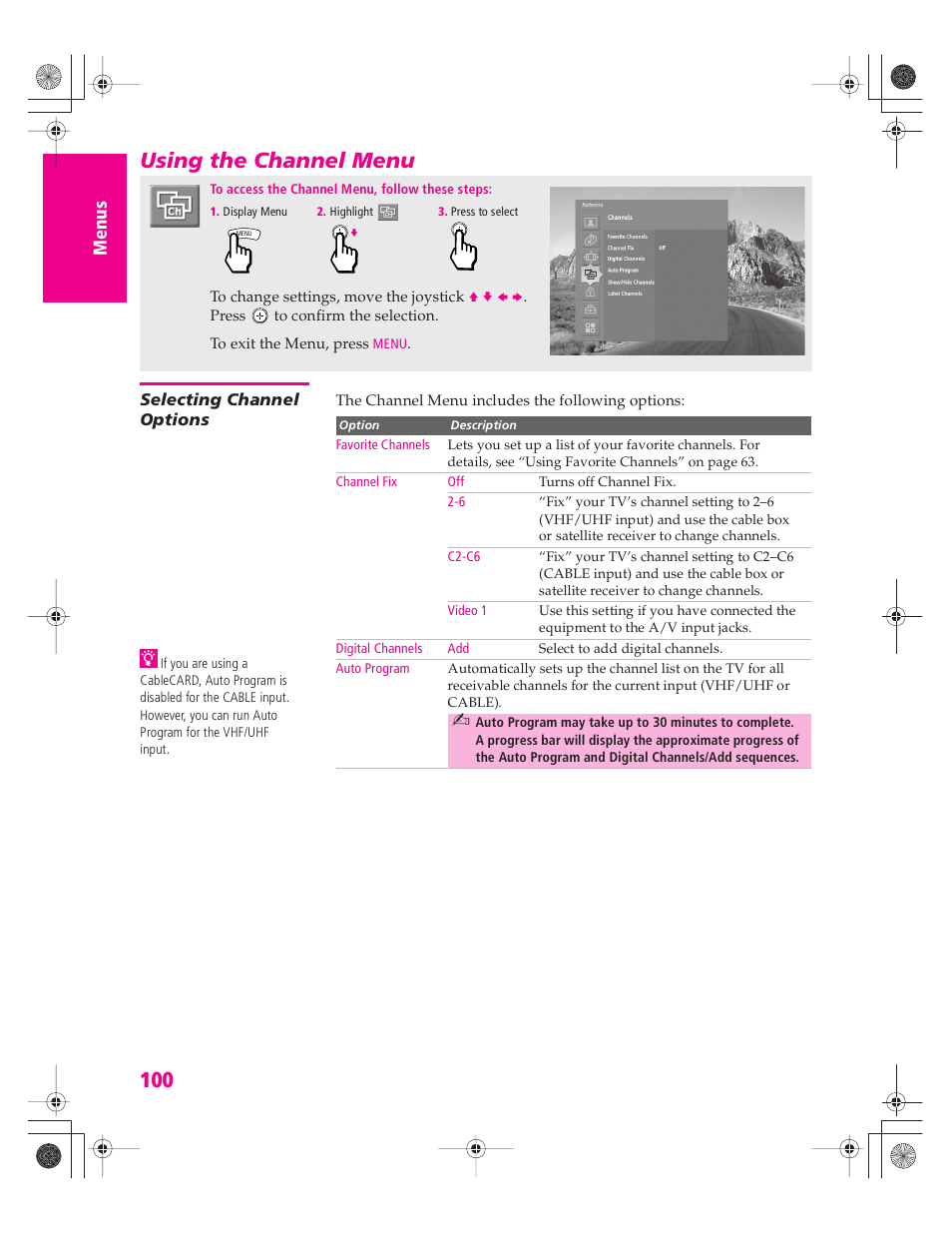 Using the channel menu, Selecting channel options | Sony KD-34XBR960N User Manual | Page 101 / 127