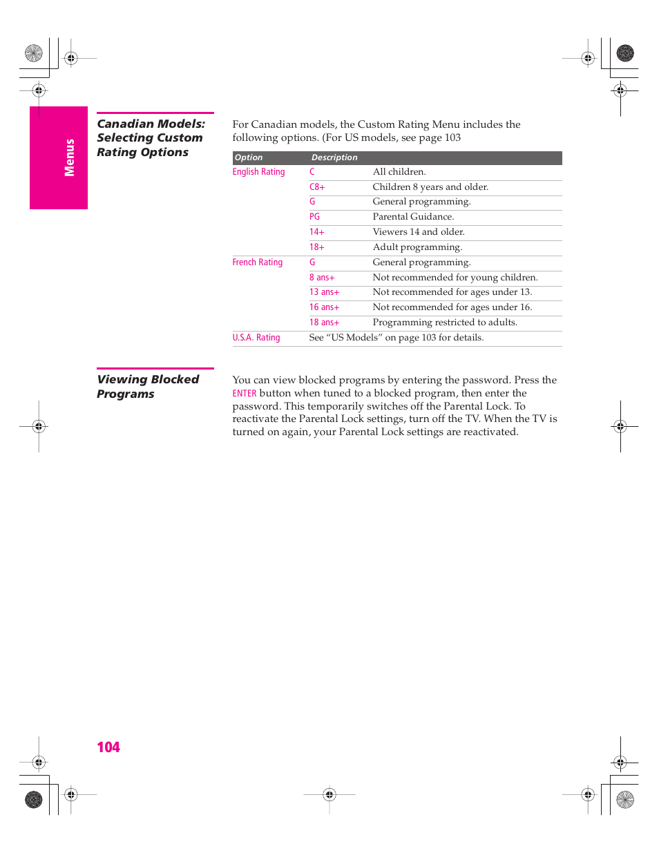 Canadian models: selecting custom rating options, Viewing blocked programs | Sony KD-34XBR960N User Manual | Page 105 / 127