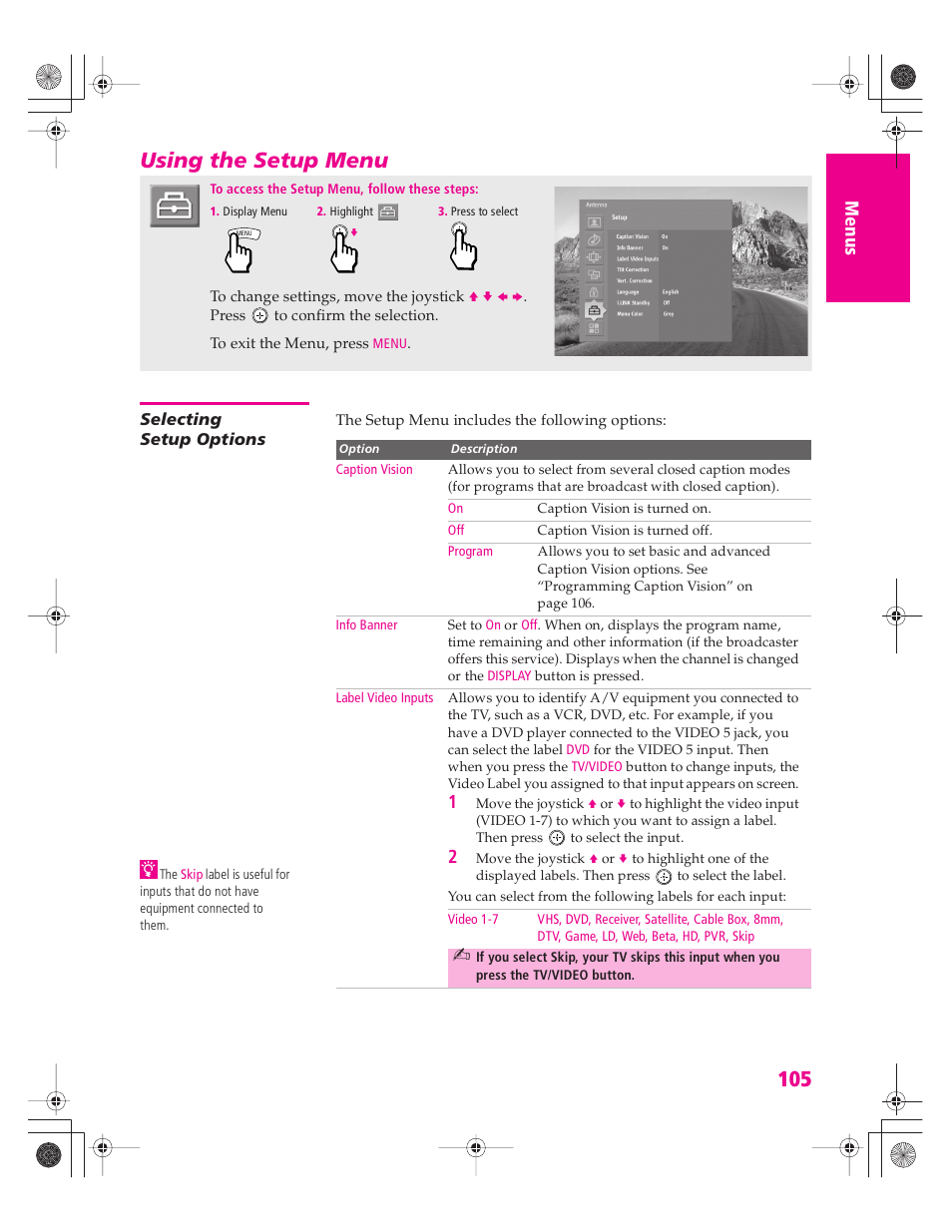 Using the setup menu, Selecting setup options | Sony KD-34XBR960N User Manual | Page 106 / 127