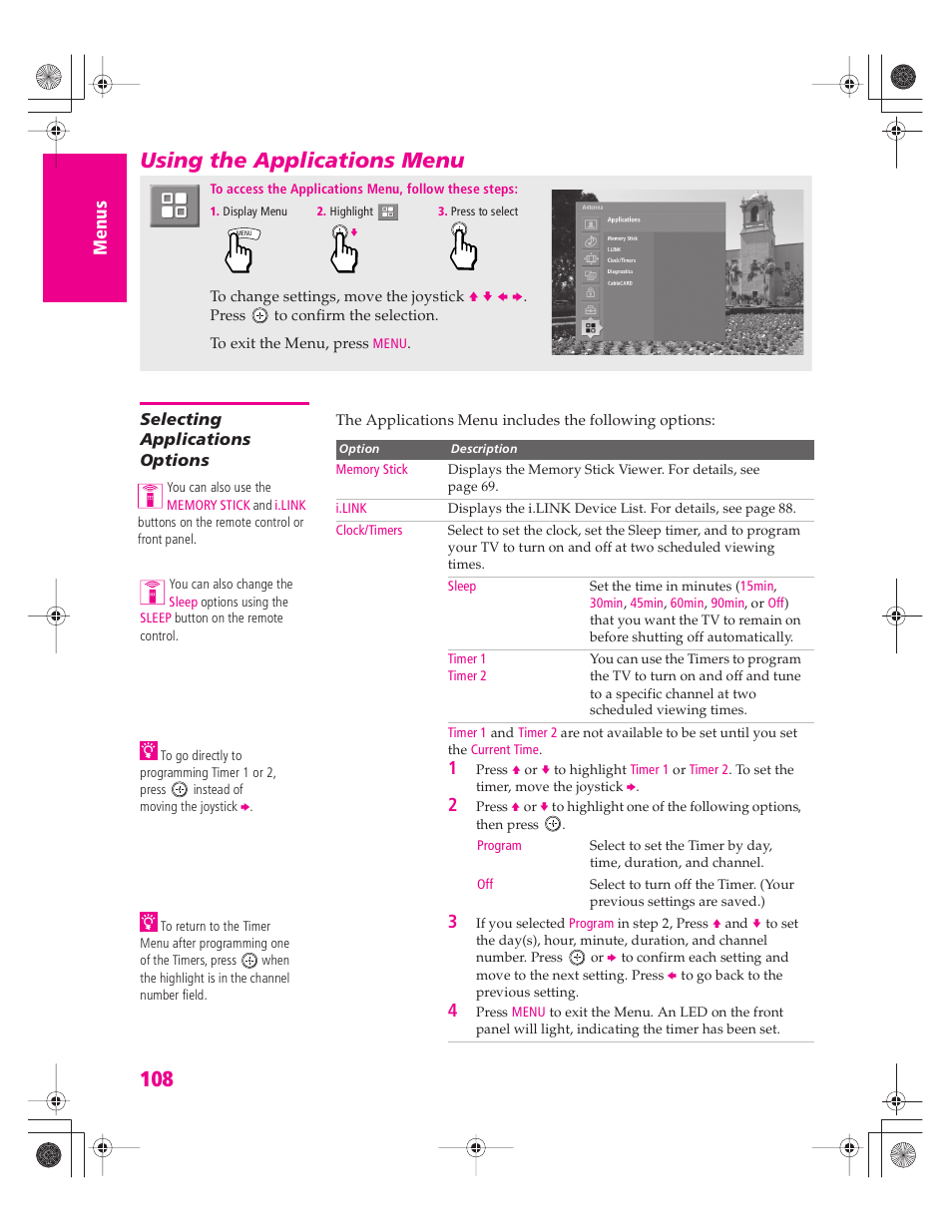 Using the applications menu, Selecting applications options | Sony KD-34XBR960N User Manual | Page 109 / 127