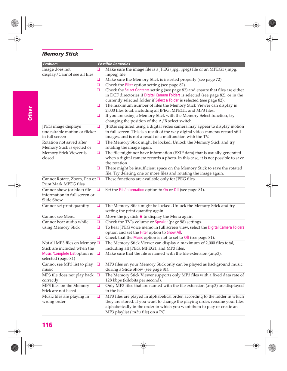 Memory stick | Sony KD-34XBR960N User Manual | Page 117 / 127