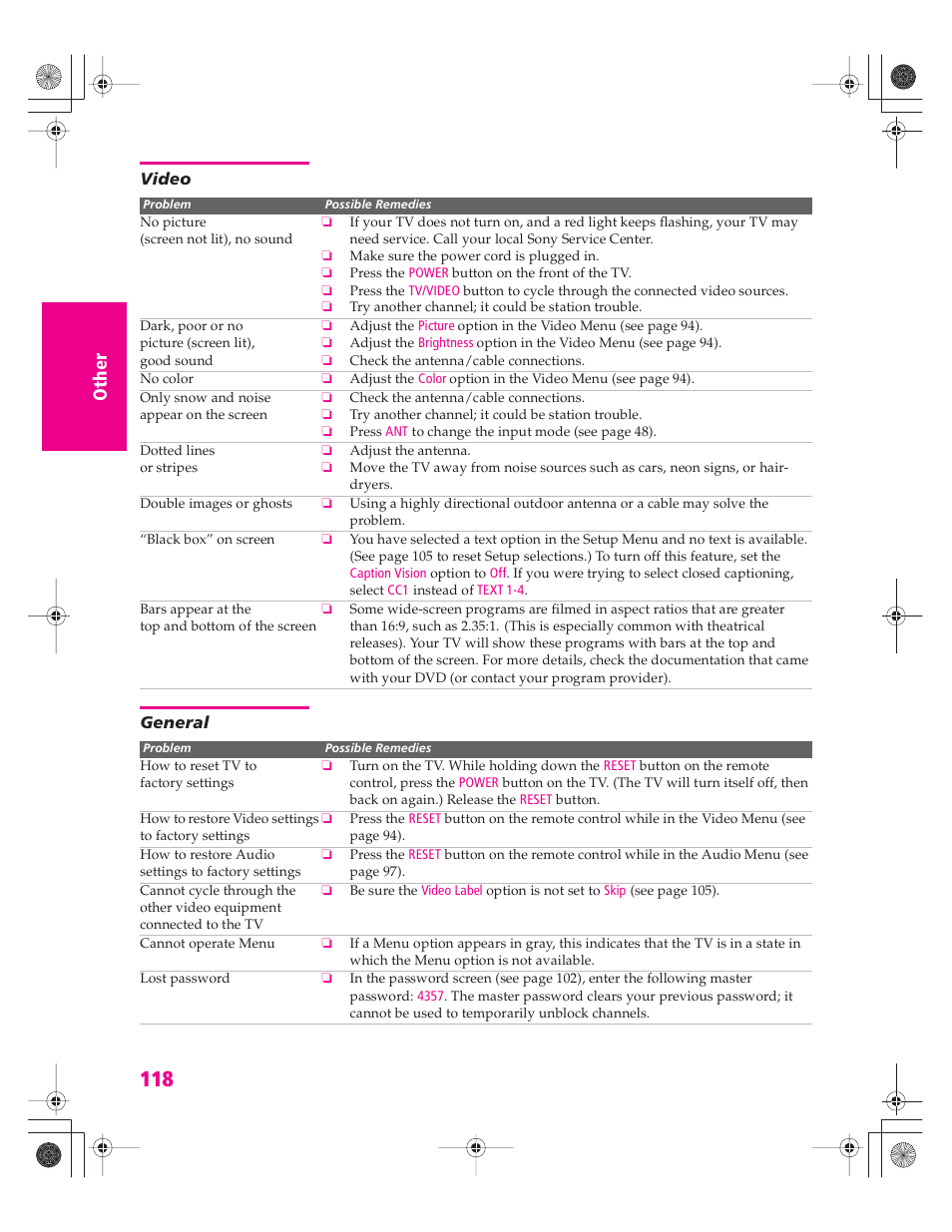Video, General | Sony KD-34XBR960N User Manual | Page 119 / 127