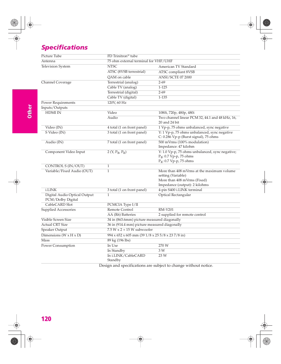 Specifications | Sony KD-34XBR960N User Manual | Page 121 / 127