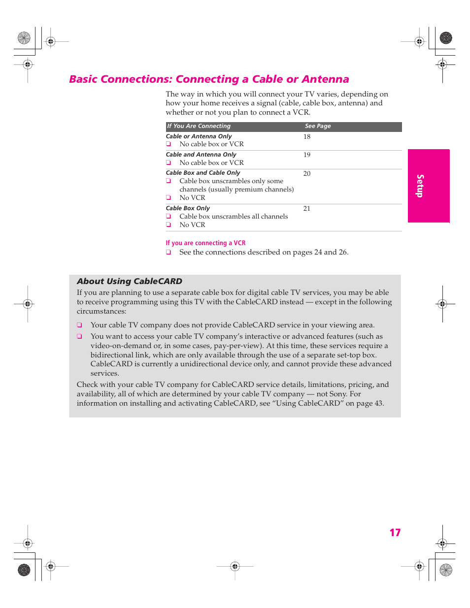 Basic connections: connecting a cable or antenna, About using cablecard | Sony KD-34XBR960N User Manual | Page 18 / 127