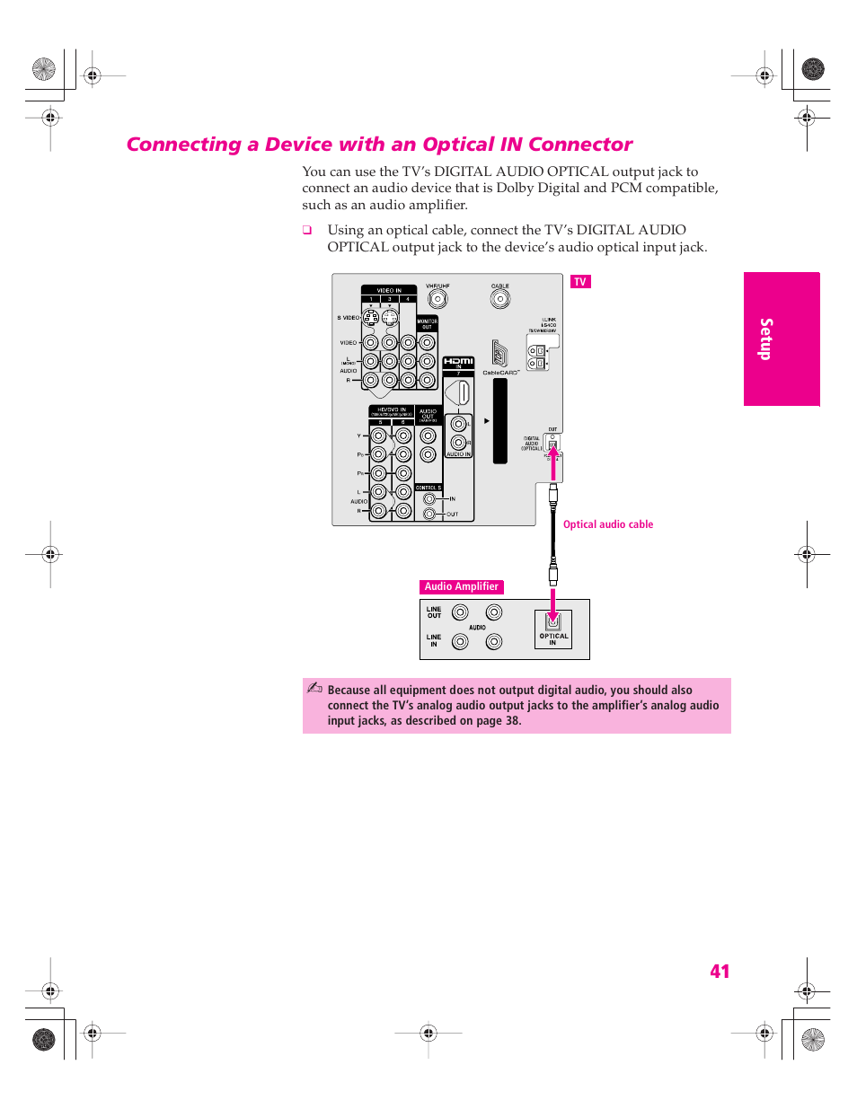 Connecting a device with an optical in connector | Sony KD-34XBR960N User Manual | Page 42 / 127