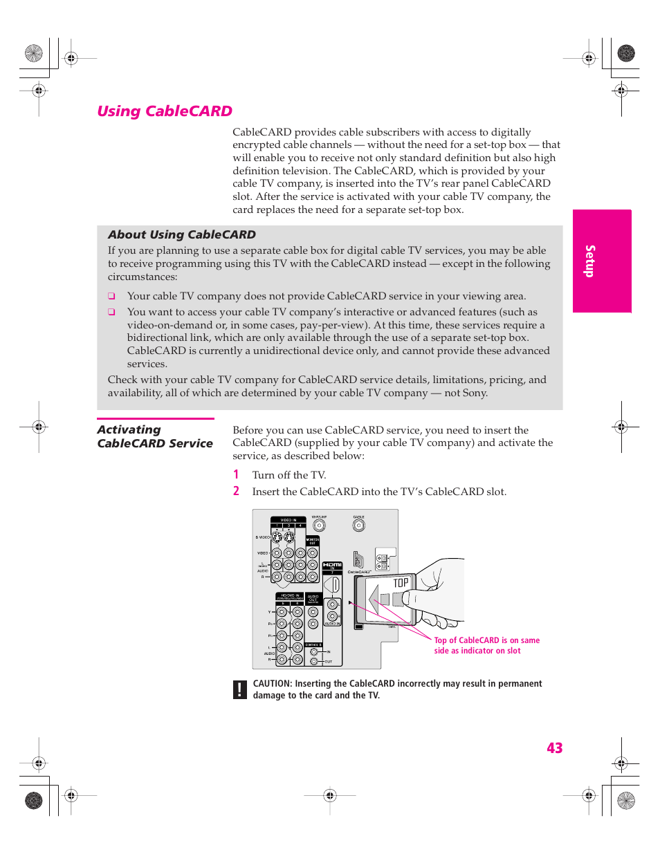 Using cablecard, About using cablecard, Activating cablecard service | Sony KD-34XBR960N User Manual | Page 44 / 127