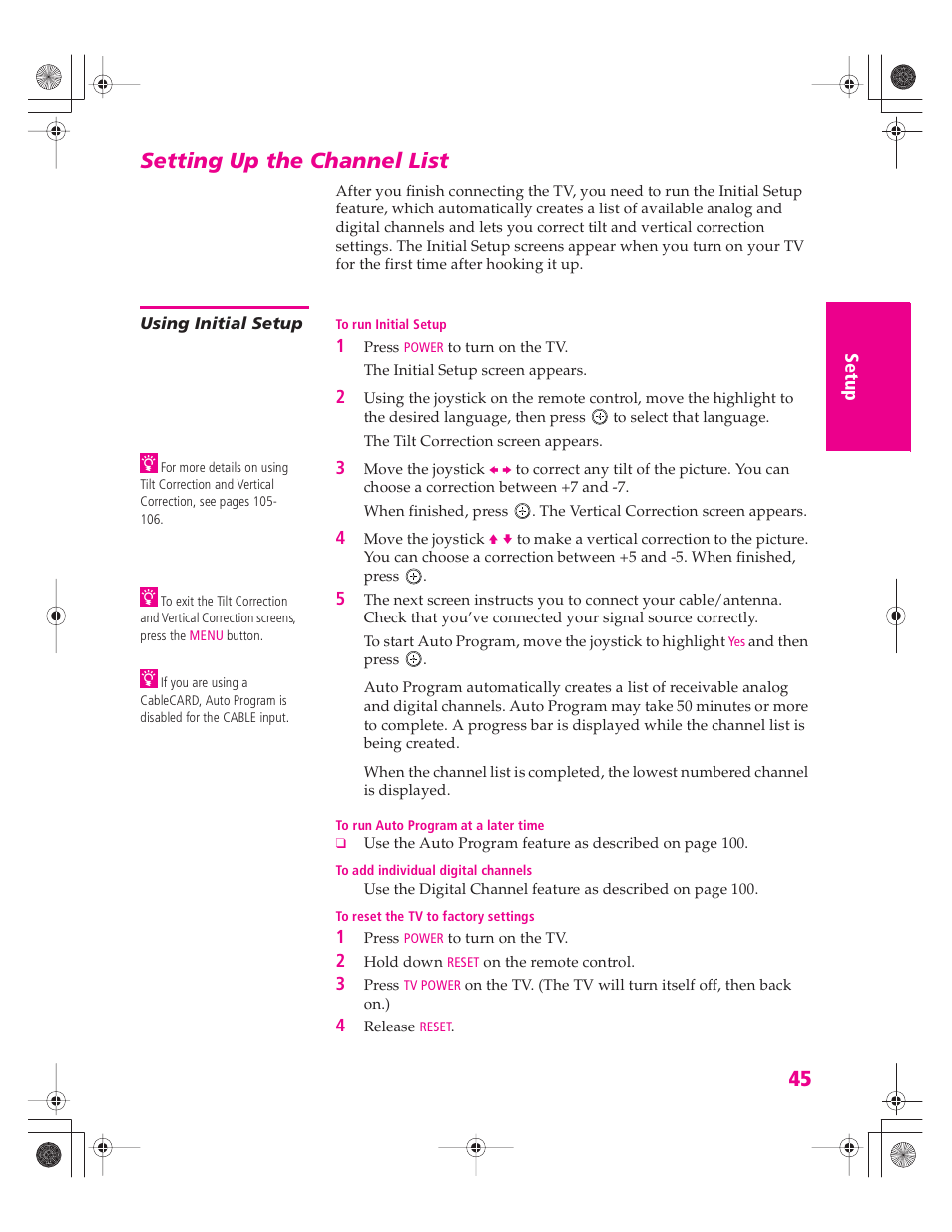 Setting up the channel list, Using initial setup | Sony KD-34XBR960N User Manual | Page 46 / 127