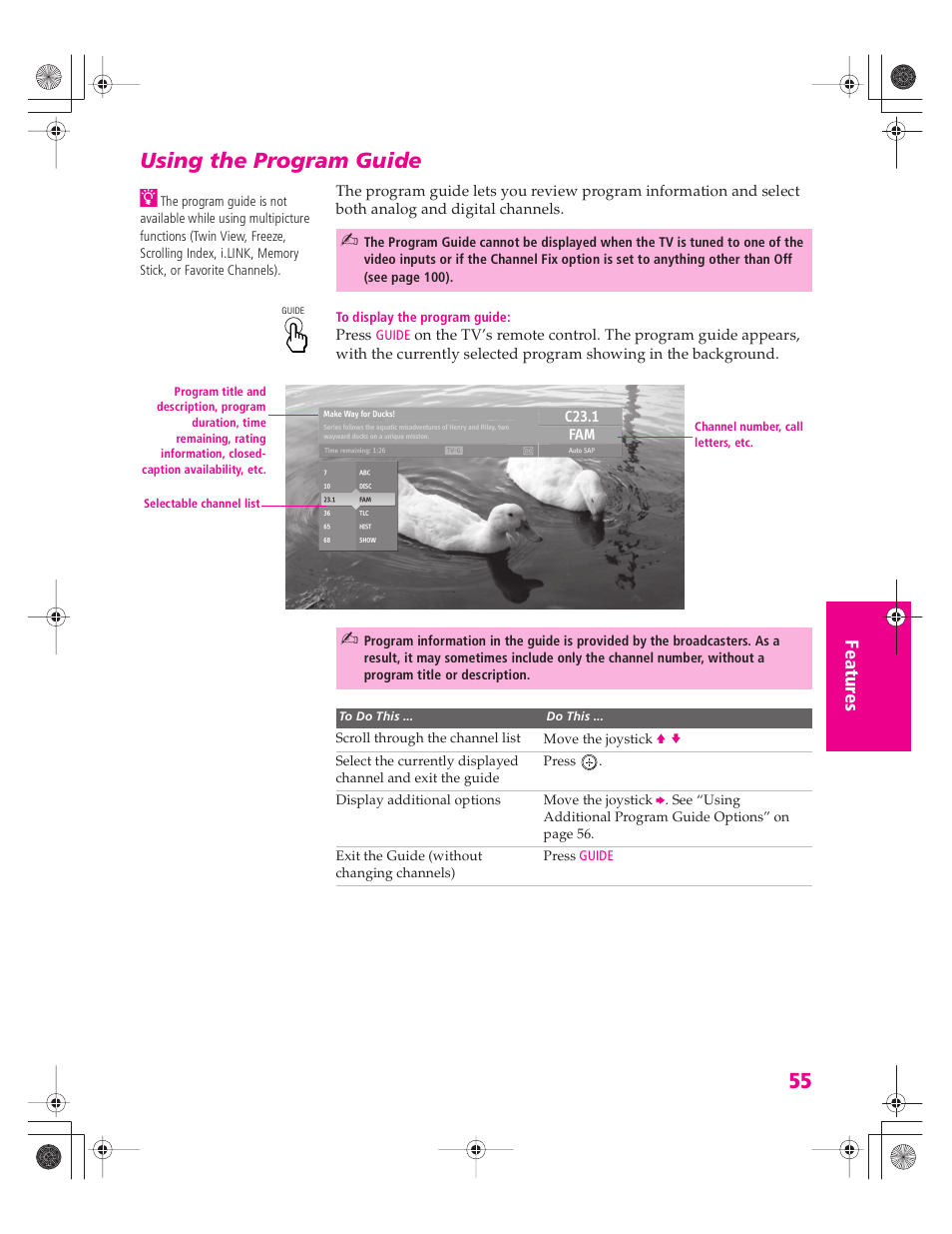 Using the program guide | Sony KD-34XBR960N User Manual | Page 56 / 127