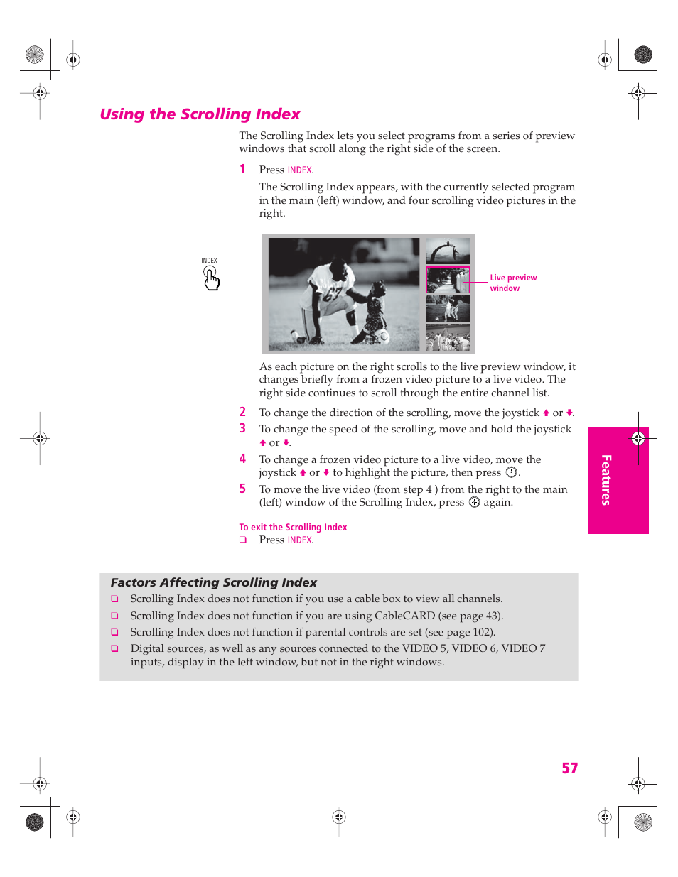 Using the scrolling index, Factors affecting scrolling index | Sony KD-34XBR960N User Manual | Page 58 / 127