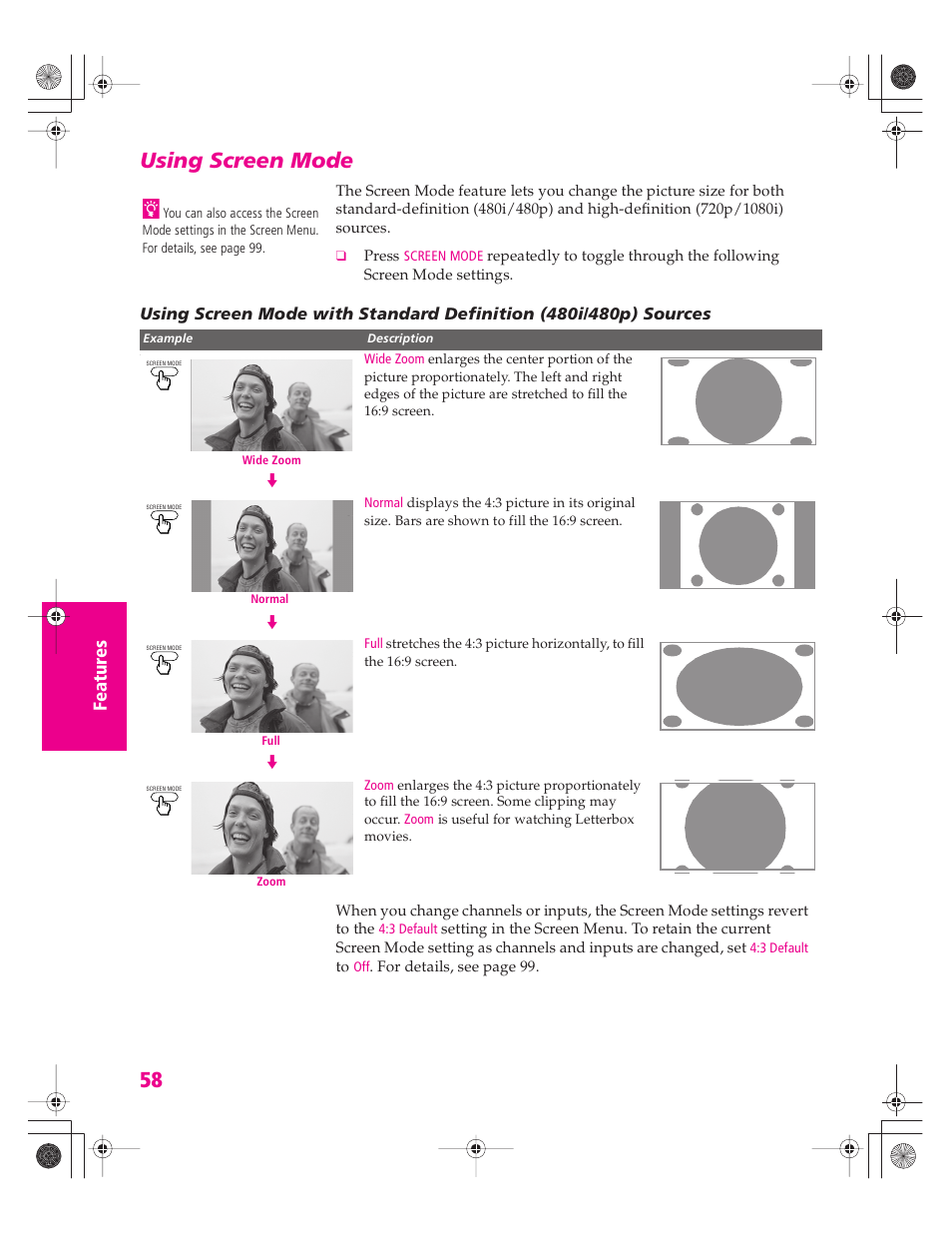 Using screen mode | Sony KD-34XBR960N User Manual | Page 59 / 127