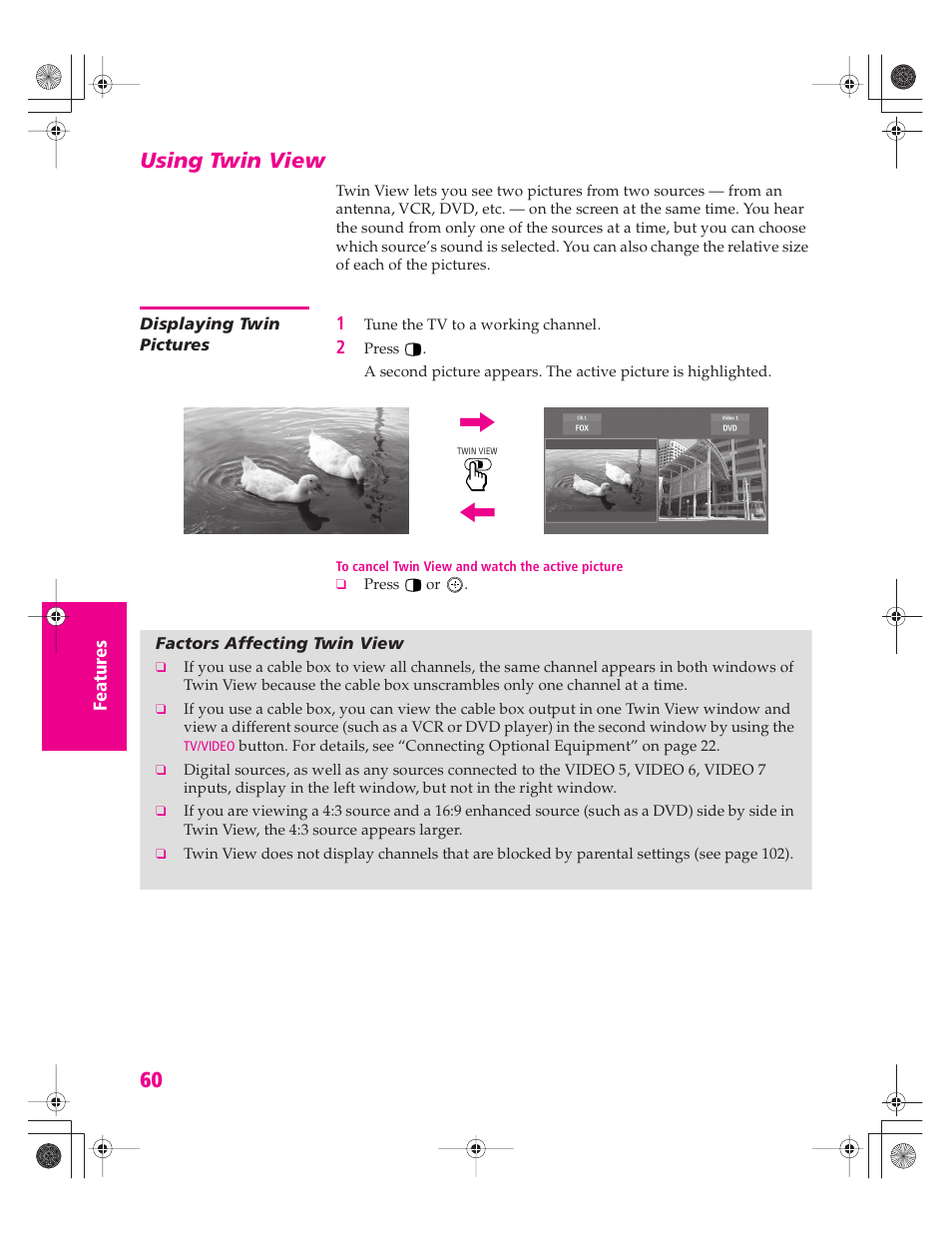 Using twin view, Displaying twin pictures, Factors affecting twin view | Sony KD-34XBR960N User Manual | Page 61 / 127