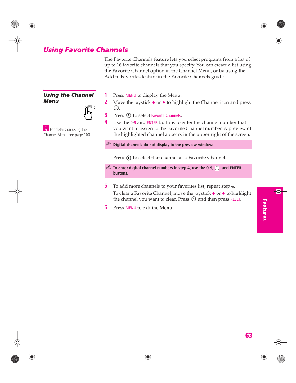 Using favorite channels, Using the channel menu | Sony KD-34XBR960N User Manual | Page 64 / 127