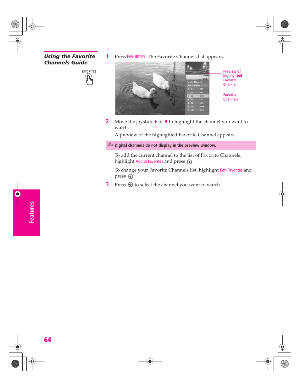 Using the favorite channels guide | Sony KD-34XBR960N User Manual | Page 65 / 127