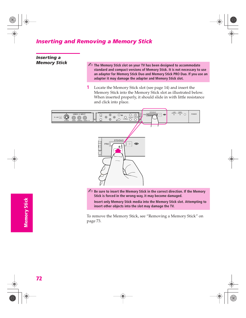 Inserting and removing a memory stick, Inserting a memory stick | Sony KD-34XBR960N User Manual | Page 73 / 127