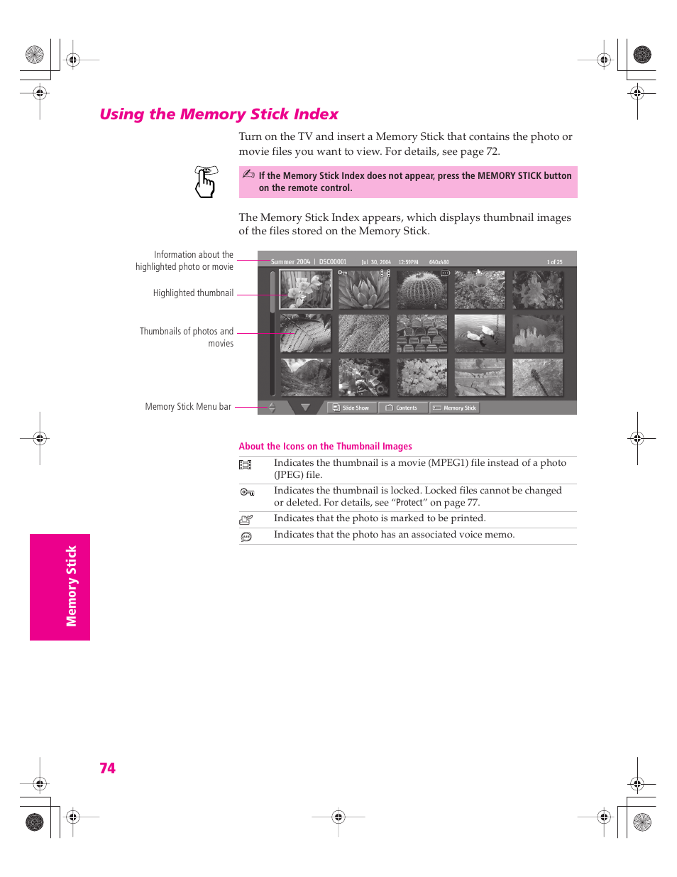 Using the memory stick index | Sony KD-34XBR960N User Manual | Page 75 / 127