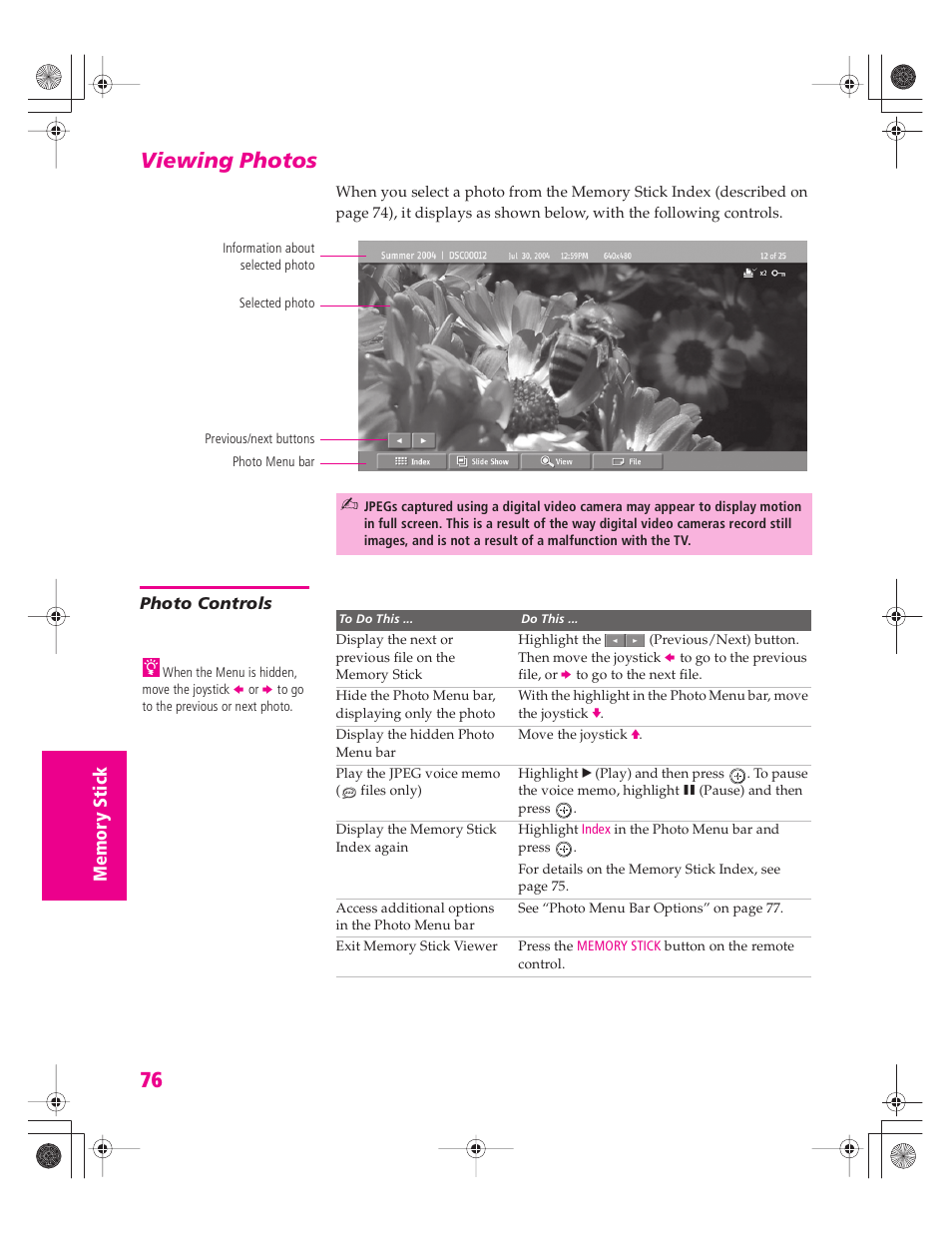 Viewing photos, Photo controls, See “viewing photos” on | Sony KD-34XBR960N User Manual | Page 77 / 127