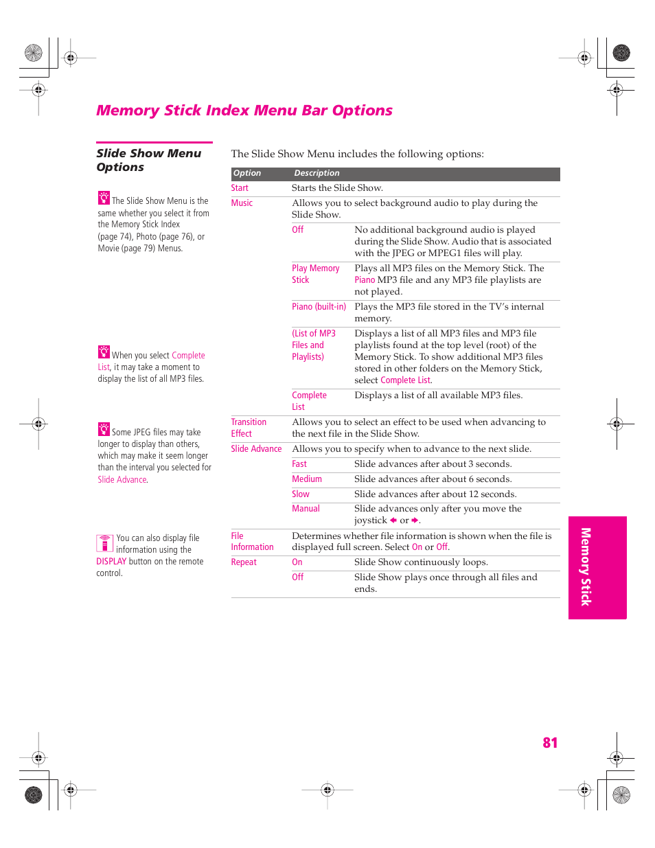 Memory stick index menu bar options, Slide show menu options | Sony KD-34XBR960N User Manual | Page 82 / 127