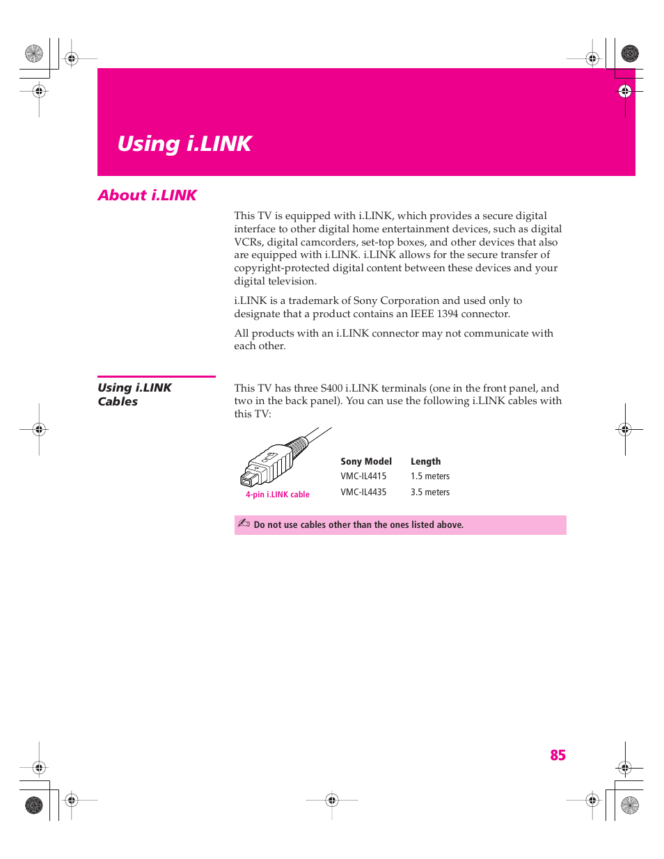 Using i.link, About i.link, Using i.link cables | Sony KD-34XBR960N User Manual | Page 86 / 127