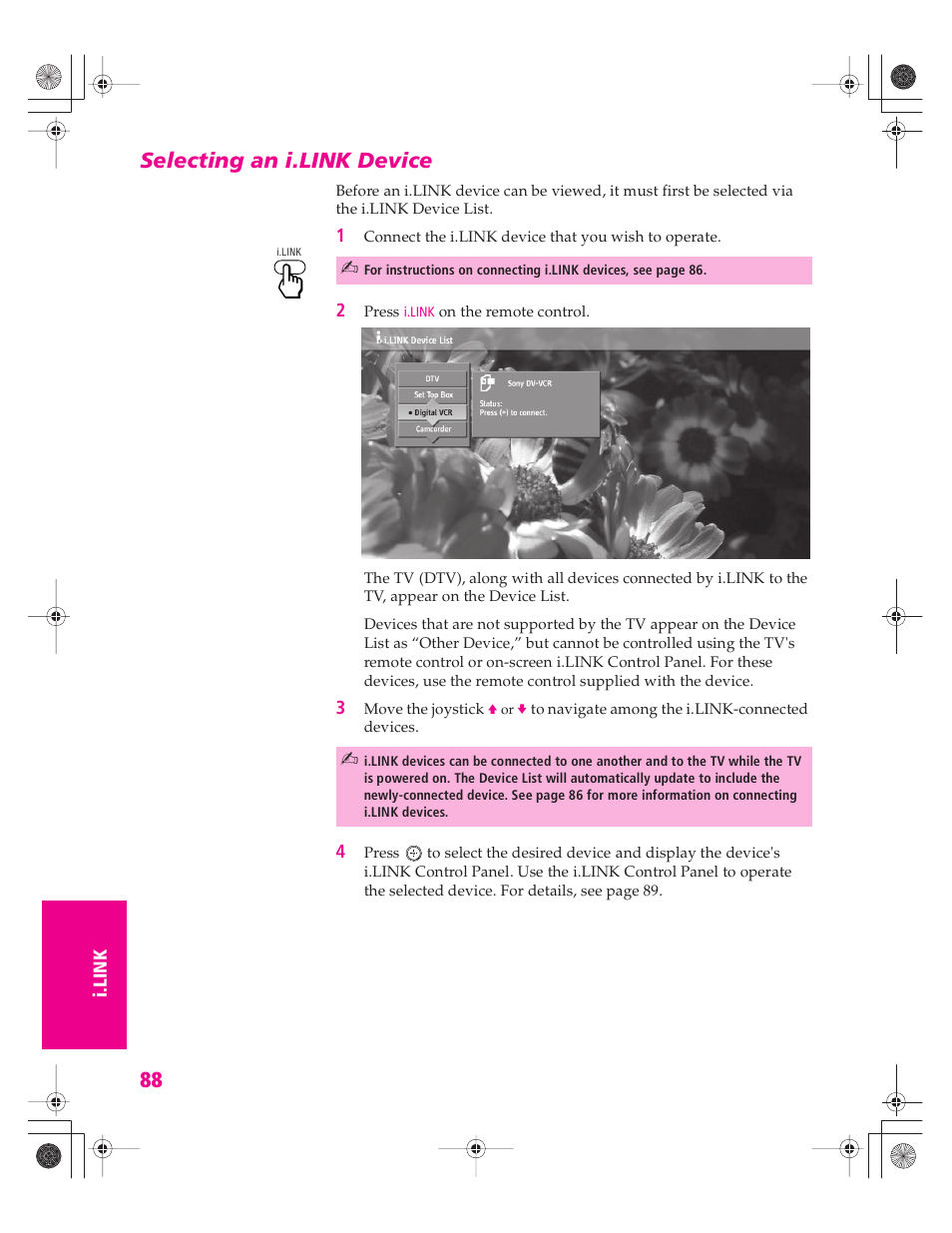 Selecting an i.link device | Sony KD-34XBR960N User Manual | Page 89 / 127