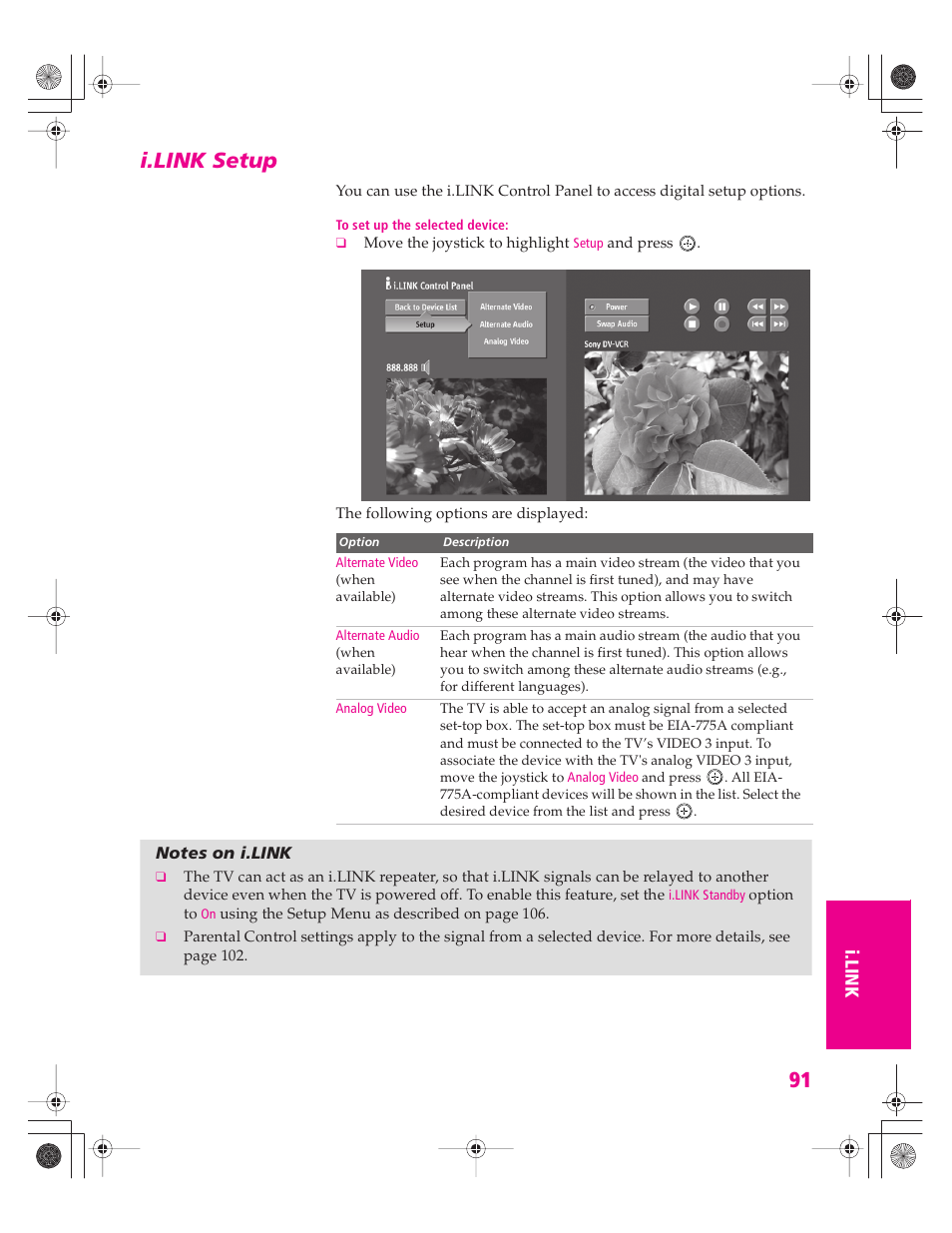 I.link setup, Notes on i.link | Sony KD-34XBR960N User Manual | Page 92 / 127